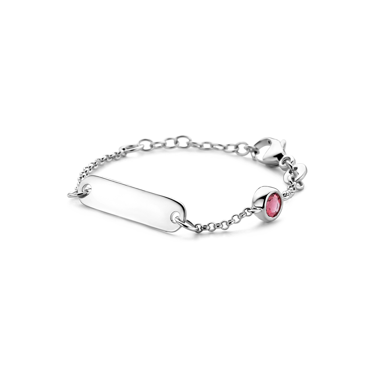 Gerhodineerd 925 zilveren graveerarmband uitgevoerd met een geboortesteen. De armband heeft een draaglengte van 9cm met 2cm extensie. De schakelbreedte is 1.5mm. De graveerplaat heeft een afmeting van 5x20mm en een dikte van 0.6mm.
