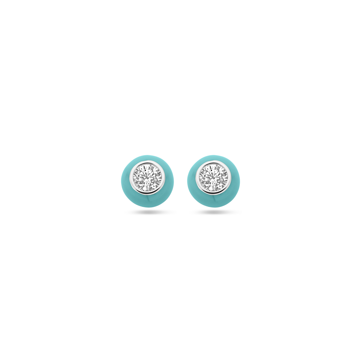 Gerhodineerd 925 zilveren oorknoppen uitgevoerd met turquoise emaille en zirkonia. De oorknoppen hebben een diameter van 5,5mm.