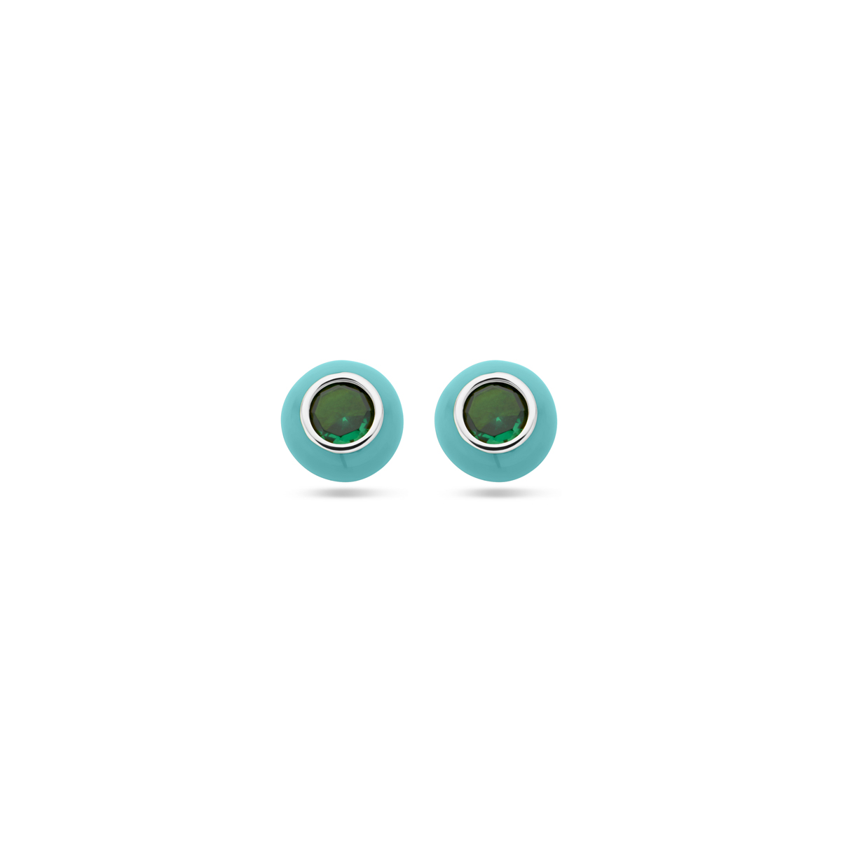 Gerhodineerd 925 zilveren oorknoppen uitgevoerd met turquoise emaille en groen zirkonia. De oorknoppen hebben een diameter van 5,5mm.