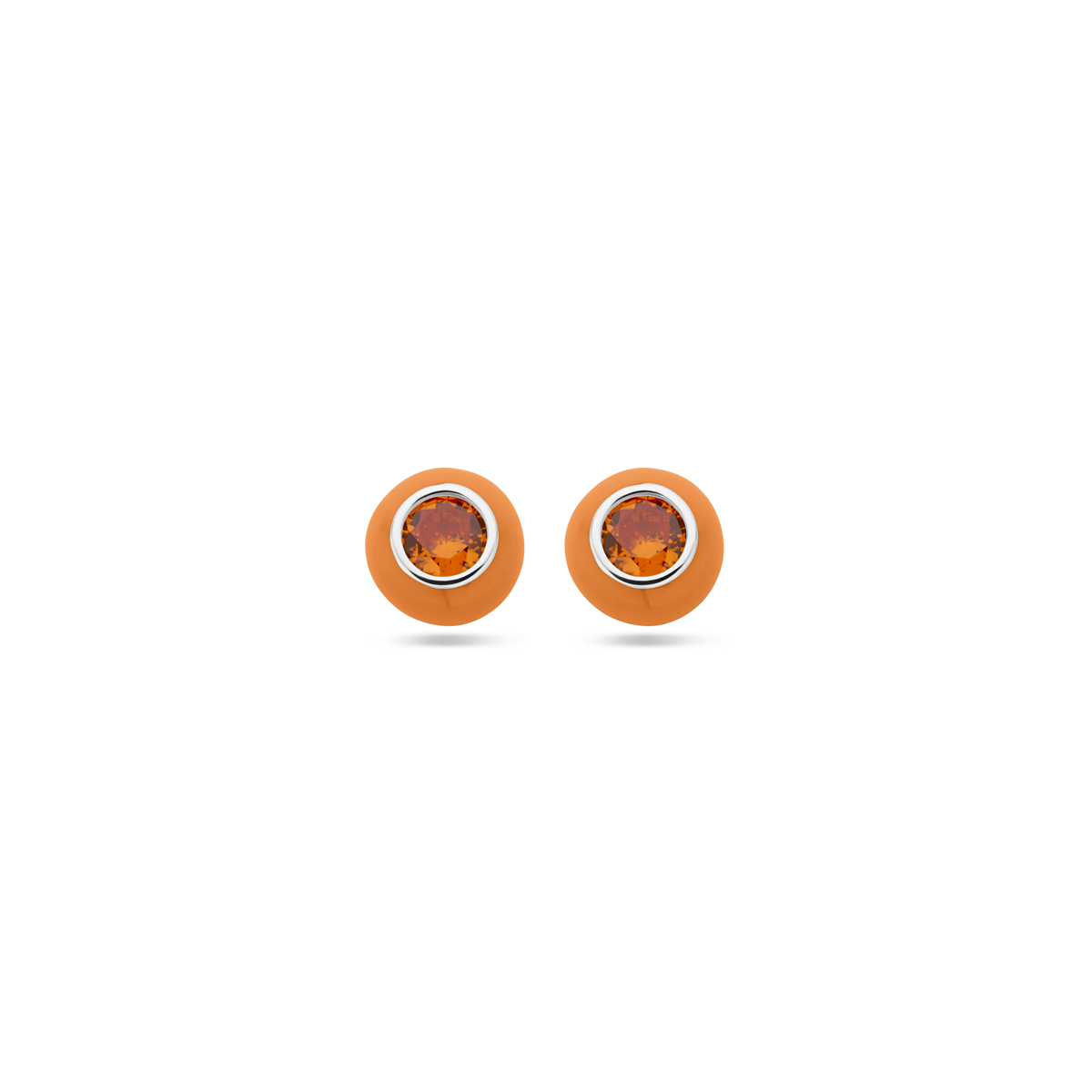 Gerhodineerd 925 zilveren oorknoppen uitgevoerd met oranje emaille en oranje zirkonia. De oorknoppen hebben een diameter van 5,5mm.