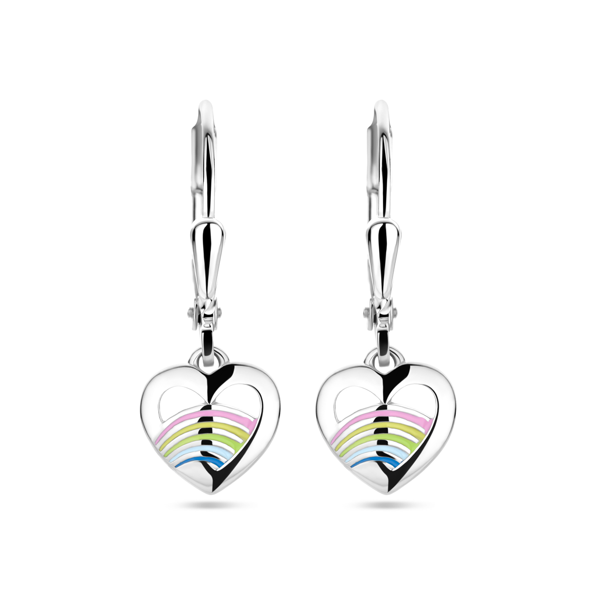 Gerhodineerd 925 zilveren oorhangers uitgevoerd in de vorm van een hart met roze, geel, groen en blauw emaille. De oorhangers hebben een totale hoogte van 23mm.