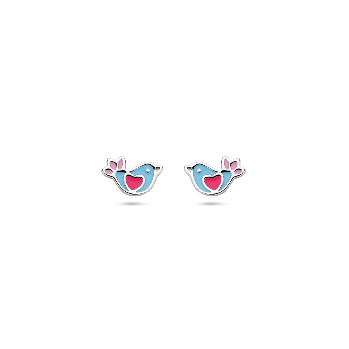  Zilveren kinder oorstekers; vogeltje met blauw en roze