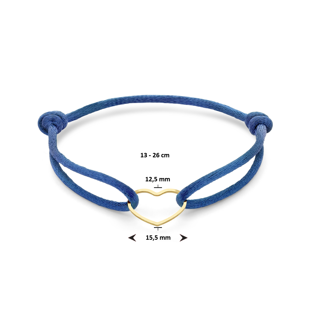 Blauw gevlochten armband uitgevoerd met verguld op 925 zilveren hartje. De armband heeft draaglengtes van 13 tot 26cm en het hartje heeft een afmeting van 12.5x15.5mm. Geen garantie op plating.