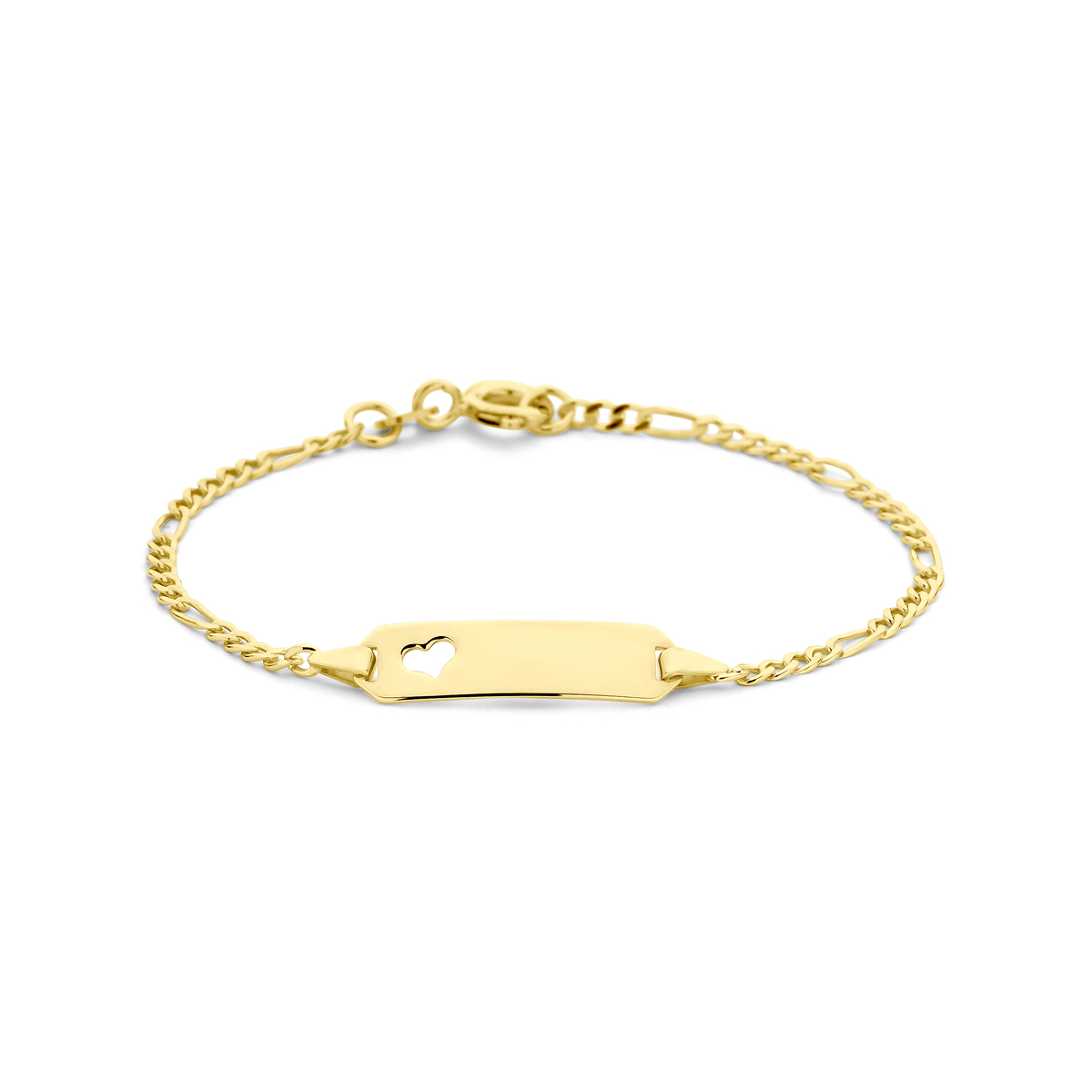 Geelgouden graveerarmband met een poli afwerking en een gestanst hartje. De graveerplaat heeft een dikte van 0.5mm.