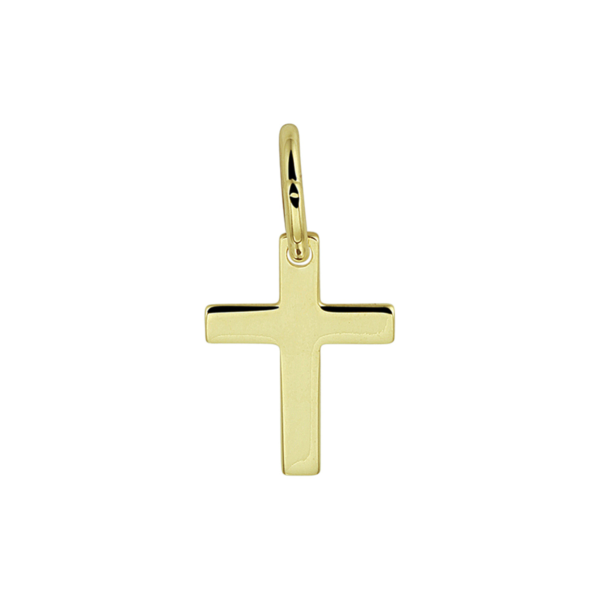 Geelgouden massieve kruis hanger met een afmeting van 10x7.5mm uitgevoerd met een stevig hangoog. Tip: Deze hanger is te combineren met bijpassende colliers uit onze collectie!
