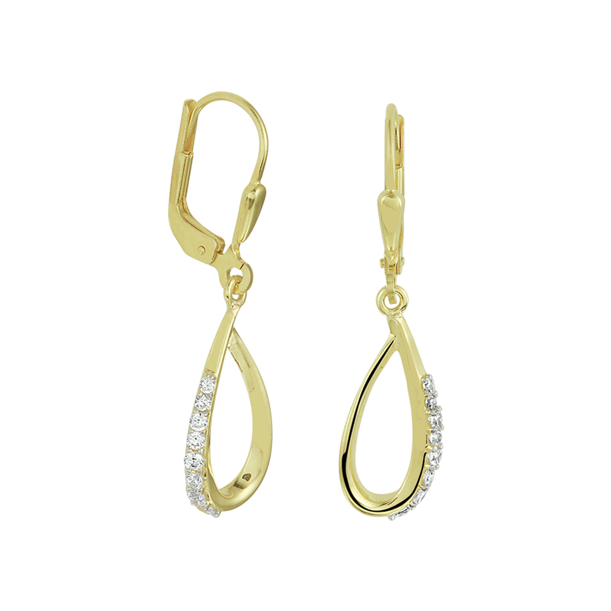 Sierlijke 14k geelgouden oorhangers uitgevoerd met een druppelvormige hanger en een schitterende zirkonia rij.