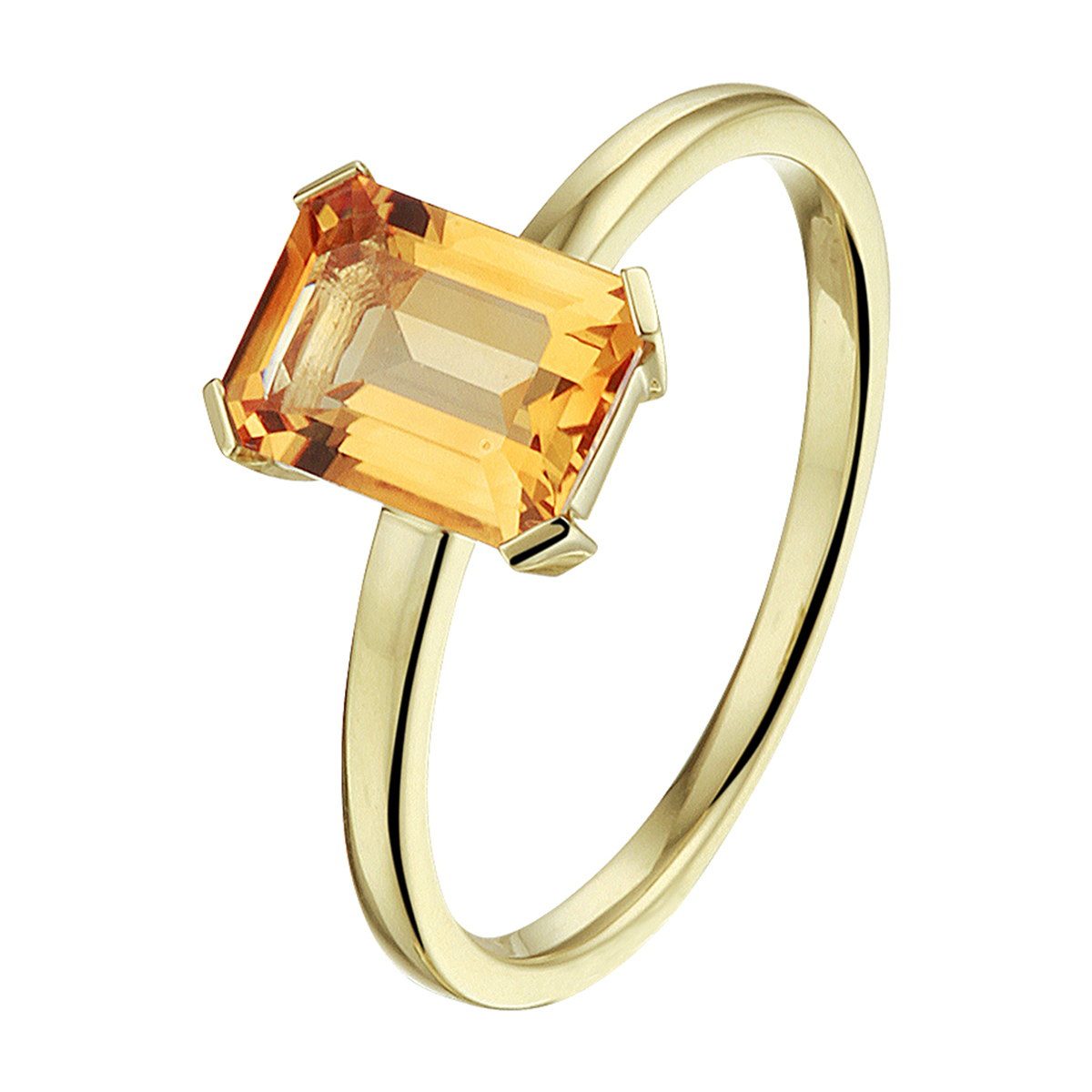 14k Geelgouden ring uitgevoerd met een schitterende citrien. De ring heeft een breedte van 8,5mm. De citrien heeft een afmeting van 8x6mm.