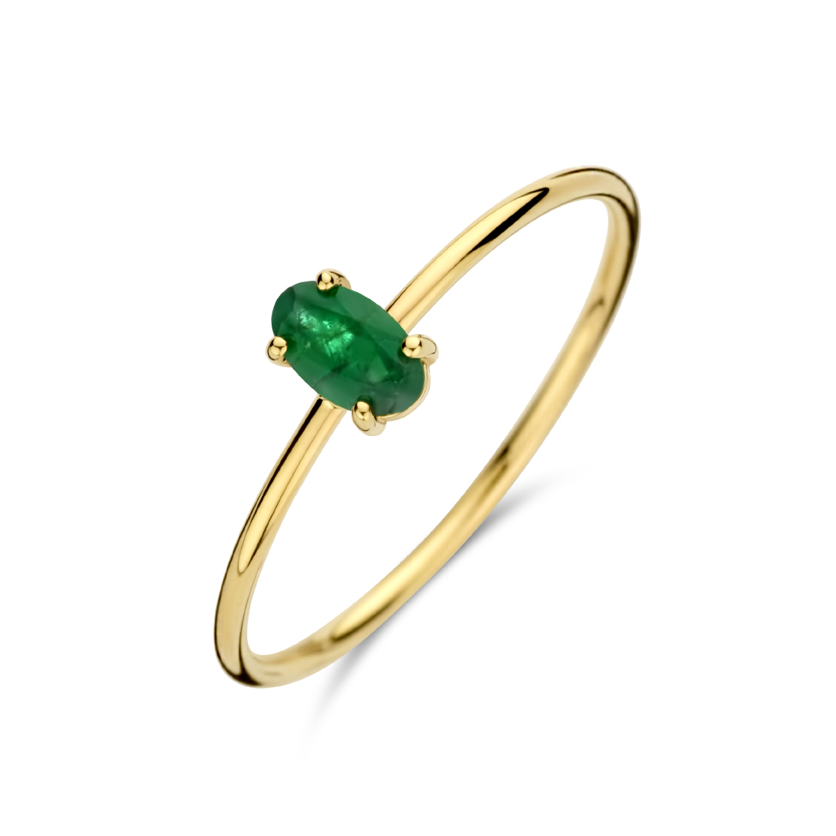 14k Geelgouden ring uitgevoerd met een schitterende smaragd. De ring heeft een breedte van 5mm.