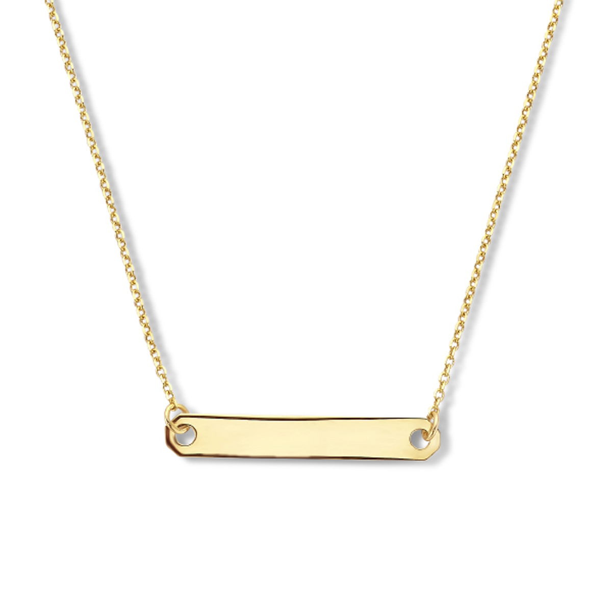 14k Geelgouden collier uitgevoerd met een graveerplaat van 4x25mm. Het collier heeft draaglengtes van 42 en 45cm. De schakelbreedte is 1.0mm. De plaat heeft een dikte van 0.3mm