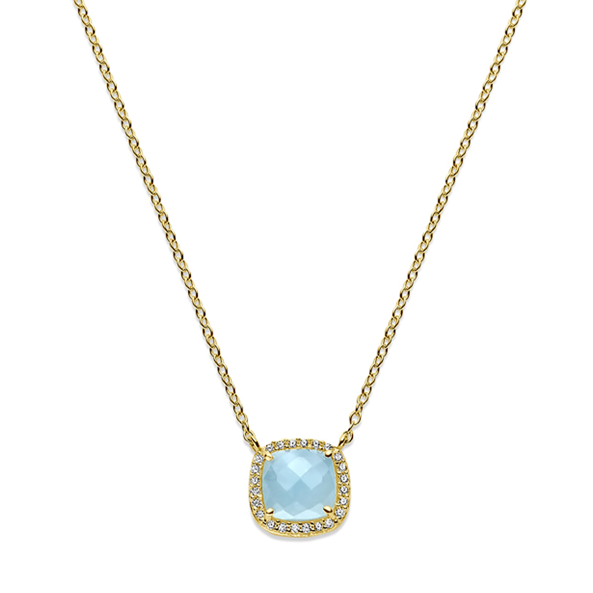 14k Geelgouden collier uitgevoerd met aquamarijn en zirkonia. Het collier heeft draaglengtes van 43 en 45cm. De hanger heeft een afmeting van 11x11mm. De schakelbreedte is 1.3mm. Uitgevoerd met een karabijn sluiting.