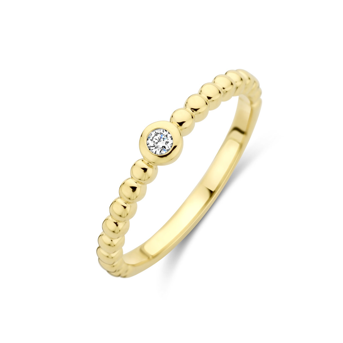 14k Geelgouden ring uitgevoerd met diamant. De ring heeft een breedte van 3.5mm,