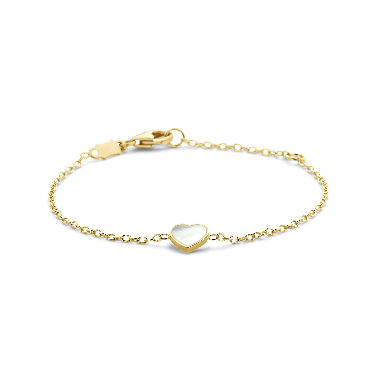 14k Geelgouden armband uitgevoerd met een hart en parelmoer. Uitgevoerd met een karabijn sluiting. De schakelbreedte is 1.2mm.
