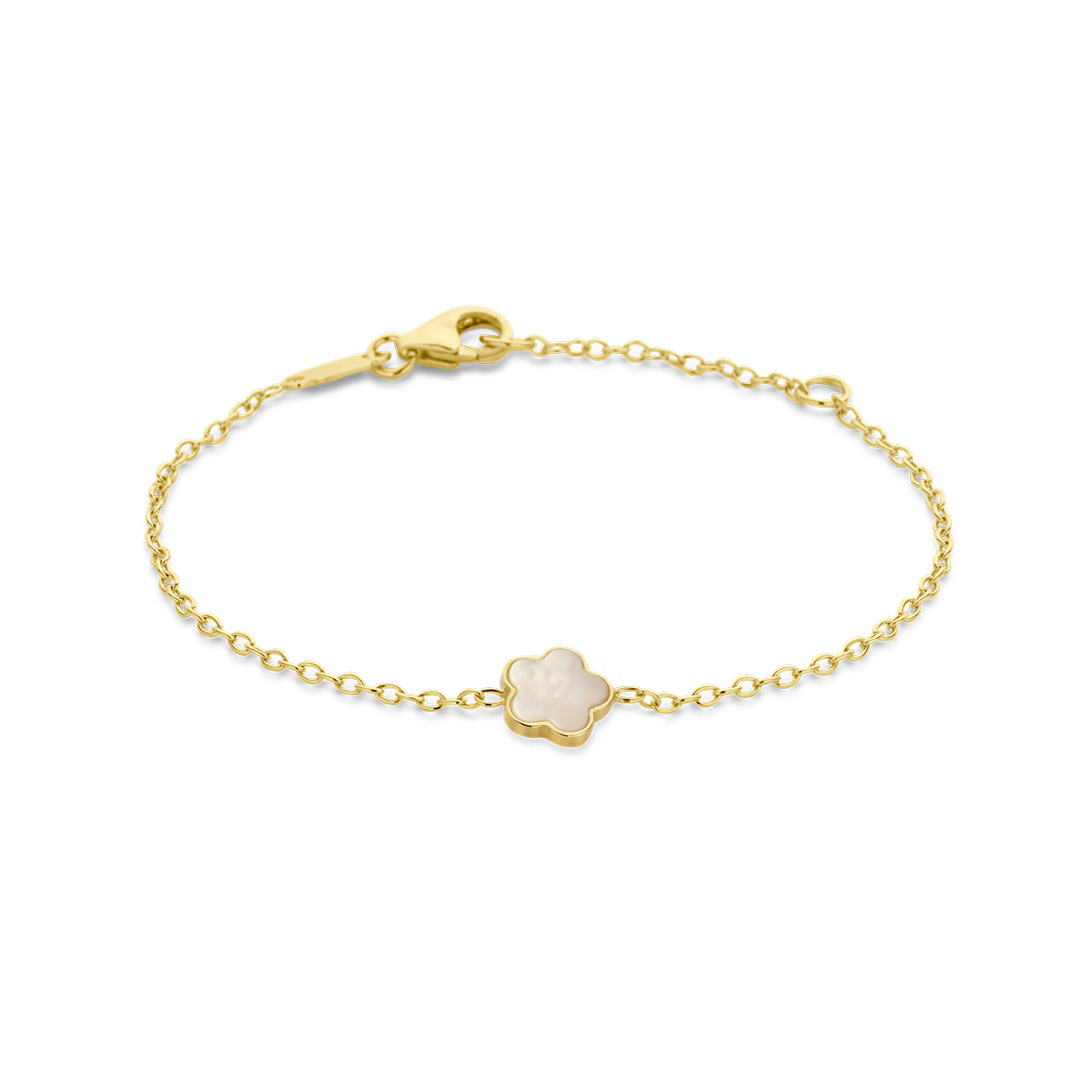 14k Geelgouden armband uitgevoerd met een bloem en parelmoer. De armband heeft een schakelbreedte van 1.2mm en is uitgevoerd met karabijnsluiting.
