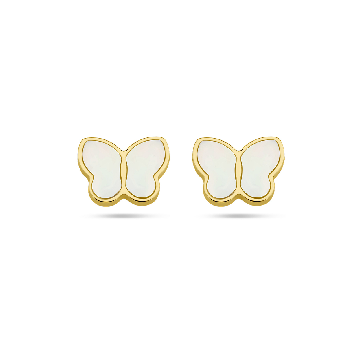 14k Geelgouden oorknoppen uitgevoerd in de vorm van een vlinder met parelmoer. De oorknoppen hebben een afmeting van 5x7mm.