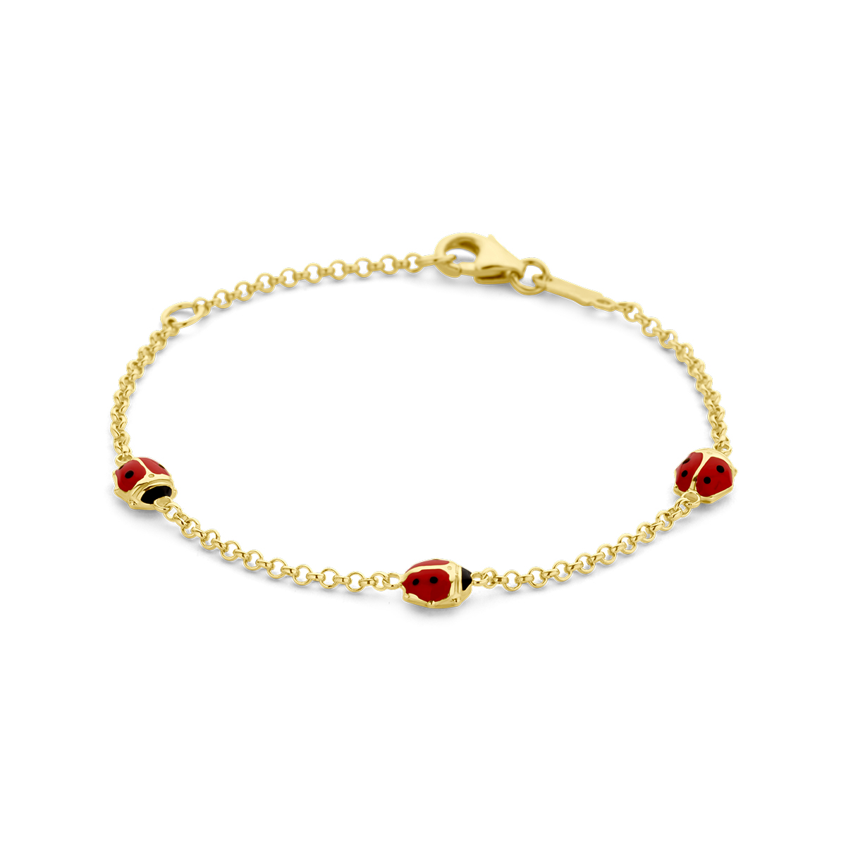 14k Geelgouden armband uitgevoerd met drie lieveheersbeestjes. De armband heeft een schakelbreedte van 1.5mm en draaglengtes van 11 en 13cm. Uitgevoerd met karabijnsluiting.