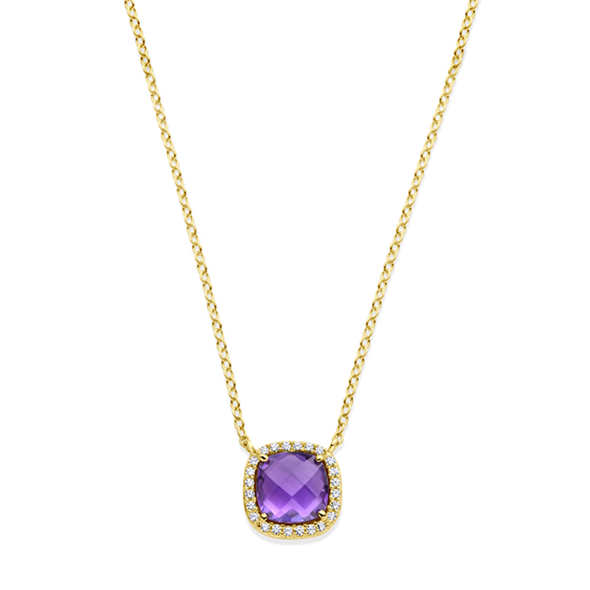 14k Geelgouden collier uitgevoerd met amethist en zirkonia. Het collier heeft draaglengtes van 43 en 45cm. De hanger heeft een afmeting van 11x11mm. De schakelbreedte is 1.3mm. Uitgevoerd met een karabijn sluiting. 