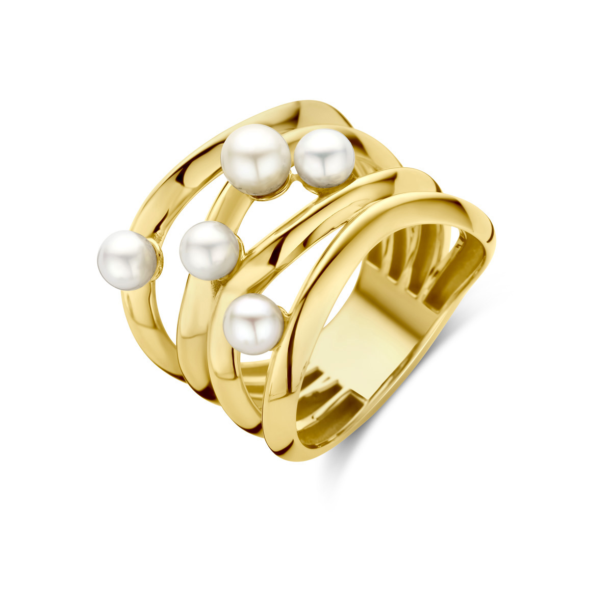 14k Geelgouden ring uitgevoerd met zoetwaterparels. De ring heeft een breedte van 18.5mm.