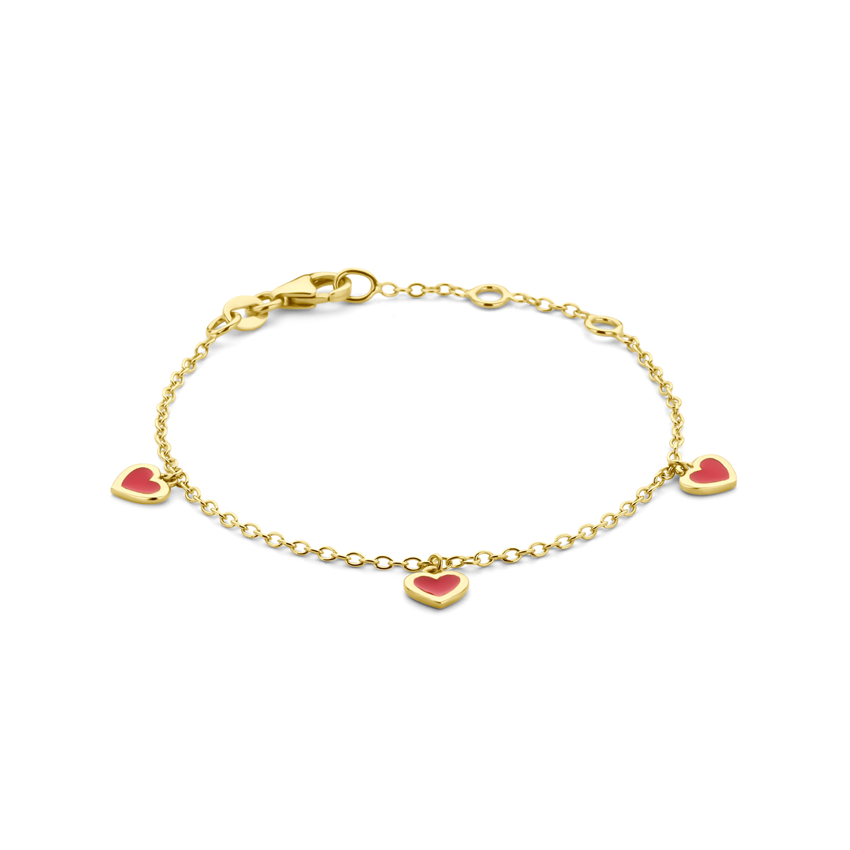 14k Geelgouden armband uitgevoerd met hartjes en rood emaille. De armband heeft draaglengtes van 11-12cm en is uitgevoerd met karabijn sluiting. De schakelbreedte is 1.3mm.