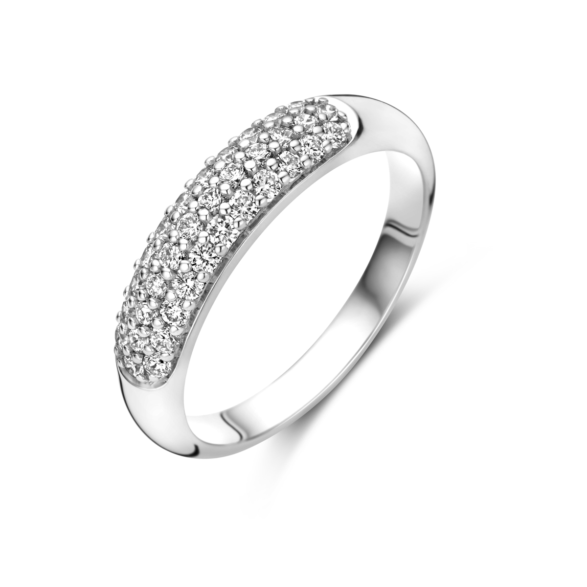 14k Witgouden ring uitgevoerd met schitterende diamant. De ring heeft een breedte van 4.5mm.