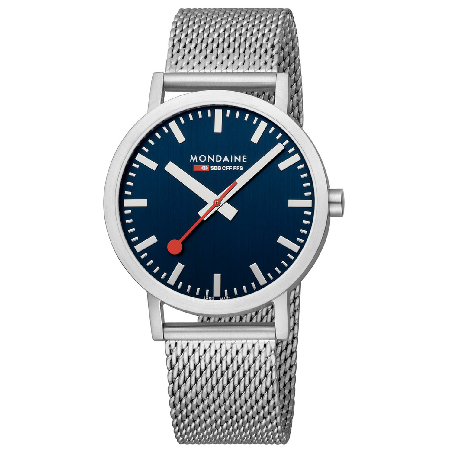 Mondaine - Classic 40mm. Mat. Blauwe Wijzerplaat. Milanese Horlogeband. Quartz. 30m WR. Mineraalglas - M660.30360.40SBJ