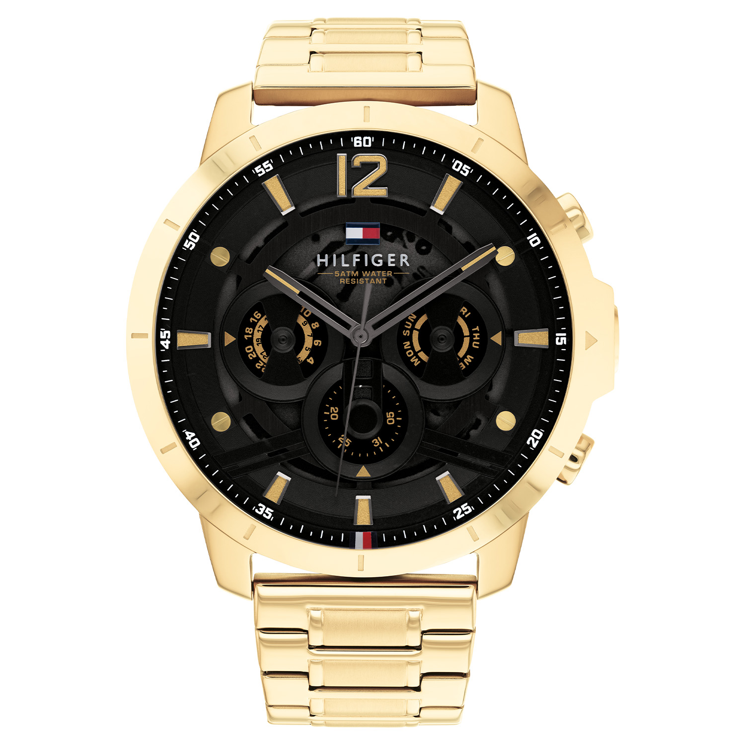 Tommy Hilfiger TH1710511 Horloge Heren Staal Goudkleurig Schakelband 50mm
Dit zeer unieke horloge van Tommy Hilfiger met artikelnr: TH1710511 is een casual heren horloge die je zeker aan je collectie kunt toevoegen. Het stalen horloge heeft een ronde goudkleurige kast zwarte wijzerplaat met een dag,- datum en 24-uursaanduiding en lumibrite accenten. Dit geeft het horloge een stoere uitstraling. Aan het horloge zit een goudkleurige schakelband met een vouwsluiting. Het horloge heeft een mineraalglas, een doorsnee van 50mm en is 5 ATM.  

Het merk:
Sinds de lancering van het merk in 1985 is Tommy Hilfiger wereldwijd bekend geworden als pionier van de klassieke Amerikaanse coole stijl. Geïnspireerd door de iconische popcultuur en het Amerikaanse erfgoed. De dames en herencollectie van dit seizoen bestaan uit minimalistische silhouetten en rustieke lederen details. De herenhorlogecollectie biedt iconische uurwerken met roestvrijstalen, lederen en siliconen banden.

Specificaties:
- Mineraalglas
- Ronde kast 50mm
- Goudkleurige horlogekast
- Zwarte wijzerplaat
- Goudkleurige schakelband 
- 5 ATM