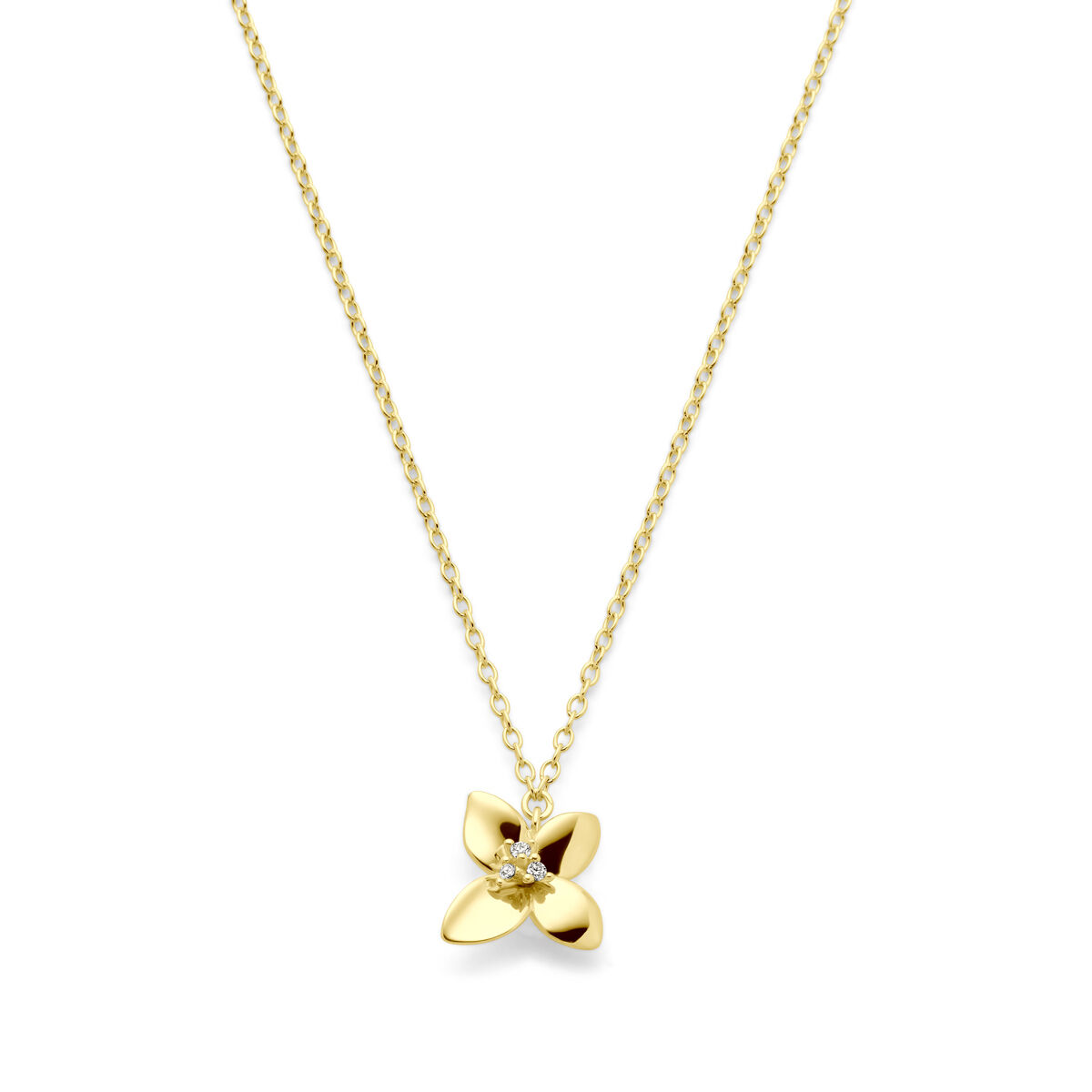 14k Geelgouden collier uitgevoerd met een bloem, zirkonia en een karabijn sluiting. Het collier heeft een draaglengte van 42cm en een extensie van 2cm. De schakelbreedte is 1.3mm.