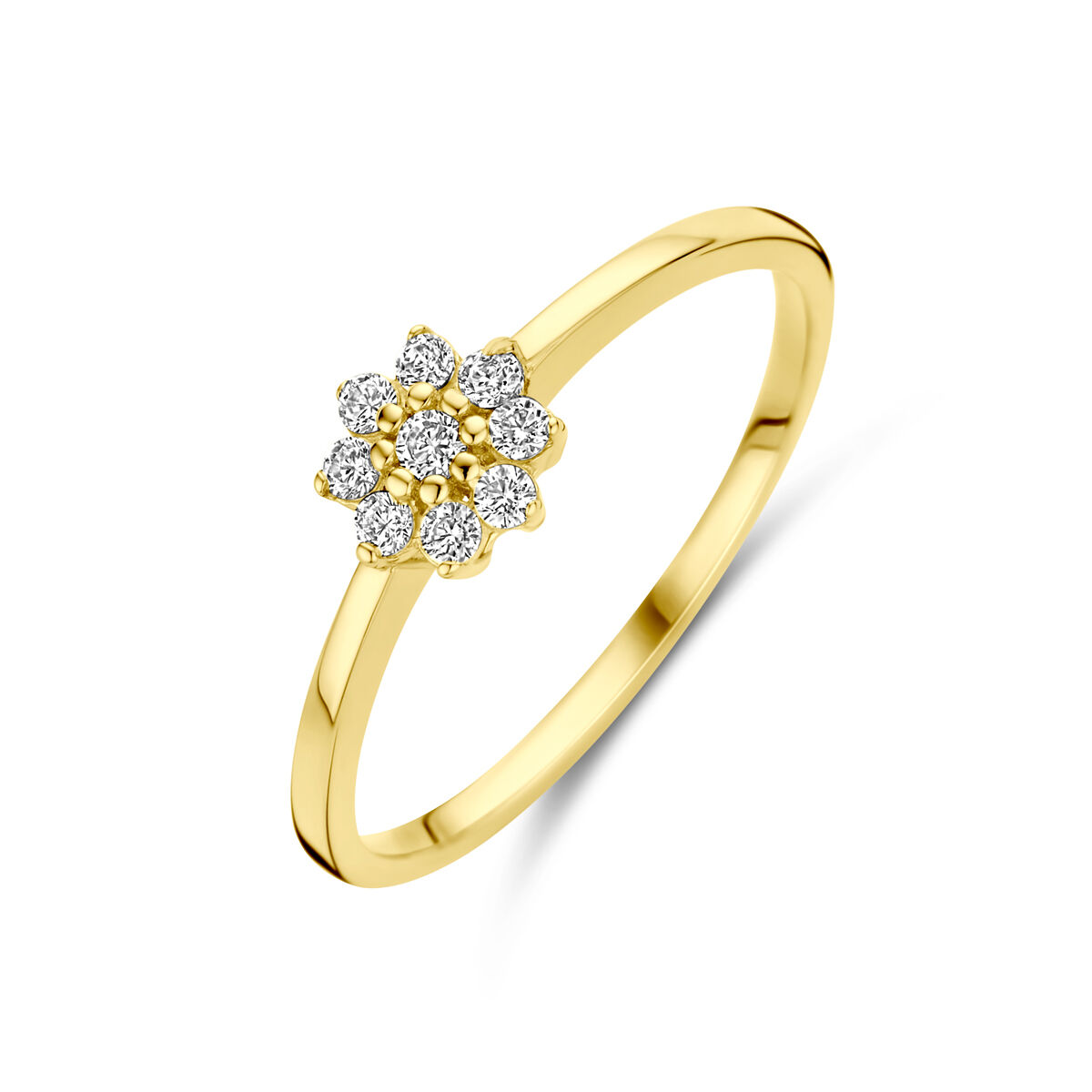 14k Geelgouden ring uitgevoerd met zirkonia. De ring heeft een breedte van 6mm.