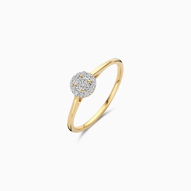 Meerdere lab-diamonds in entourage-zetting sieren deze stijlvolle glinsterende ring. Het totale karaatgewicht van de diamanten is 0,21, de doorsnede van de ring is 1 mm. Fraai op zichzelf of in combinatie met andere sieraden met lab-diamonds uit onze collectie.