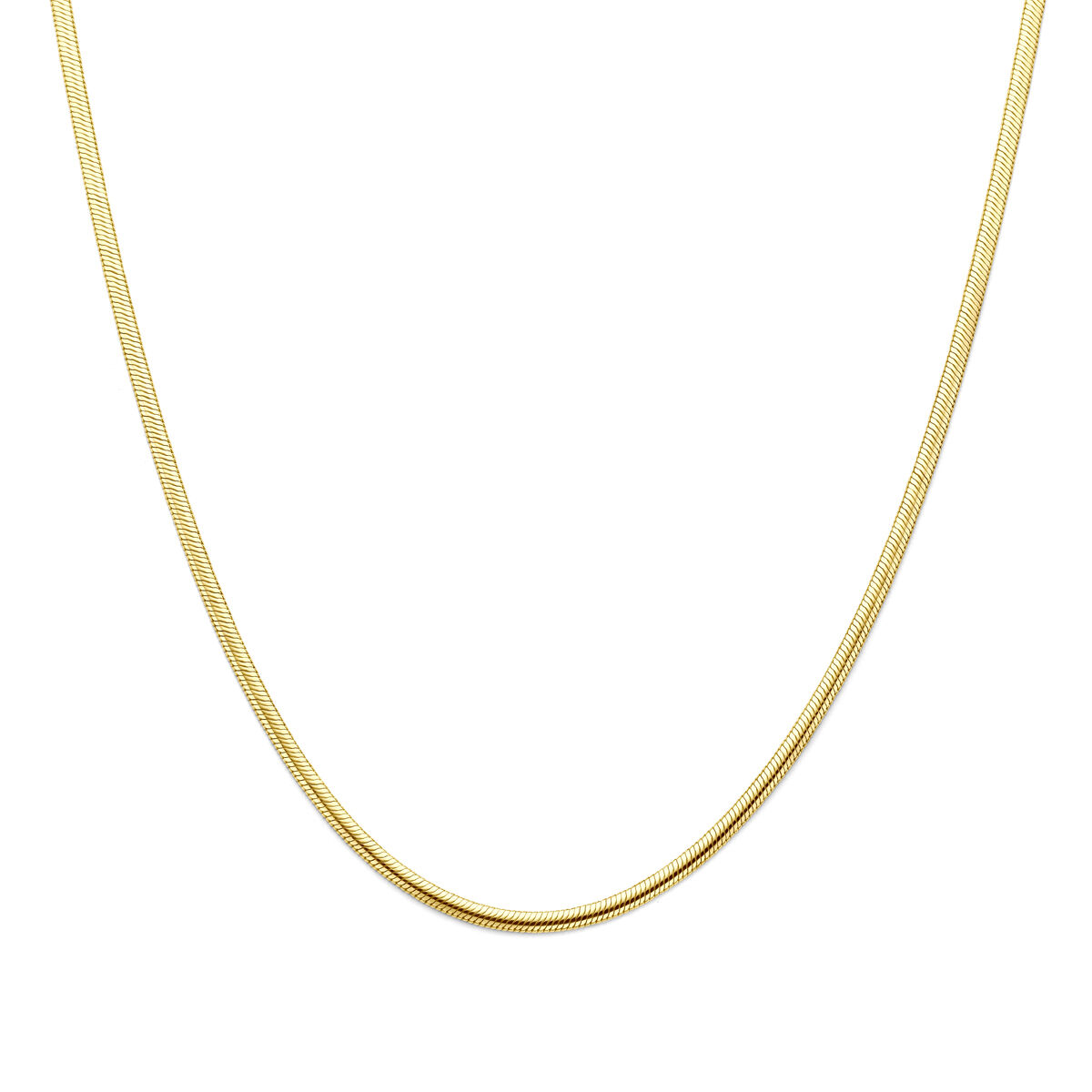 14k Geelgouden slangen collier met een kern van 925 zilver. Het collier heeft een schakelbreedte van 3.3mm en een draaglengte van 45cm. Uitgevoerd met karabijnsluiting.
