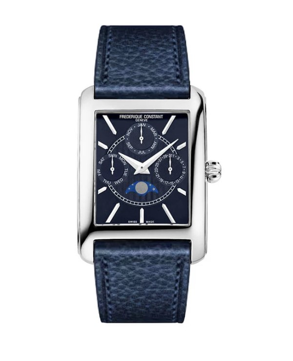 De Classics Carrée heeft een elegante, retro-uitstraling uit de jaren 20 en past perfect bij de filosofie van het merk. Het Classics Carrée-horloge heeft de elegante en retrostijl van de jaren 20 en sluit perfect aan bij de filosofie van het merk. Het horloge roept herinneringen op aan uiterst verfijnde sociale evenementen. Zonder af te zien van enkele kenmerken die het tot een absoluut Frederique Constant-horloge maken, versterkt het huis zijn positie als fabrikant van klassieke horloges door deze emblematische vorm nieuw leven in te blazen.
Volledige kalender: dag, maand, datum en maanfasen. Quartz uurwerk. Blauwe lederen band.
Blauwe wijzerplaat. Stalen kast. 3 ATM waterbestendig.