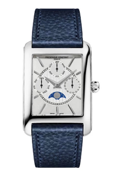 De Classics Carrée heeft een elegante, retro-uitstraling uit de jaren 20 en past perfect bij de filosofie van het merk. Het Classics Carrée-horloge heeft de elegante en retrostijl van de jaren 20 en sluit perfect aan bij de filosofie van het merk. Het horloge roept herinneringen op aan uiterst verfijnde sociale evenementen. Zonder af te zien van enkele kenmerken die het tot een absoluut Frederique Constant-horloge maken, versterkt het huis zijn positie als fabrikant van klassieke horloges door deze emblematische vorm nieuw leven in te blazen.
Volledige kalender: dag, maand, datum en maanfasen. Quartz uurwerk. Blauwe lederen band.
Zilver witte wijzerplaat. Stalen kast. 3 ATM waterbestendig.