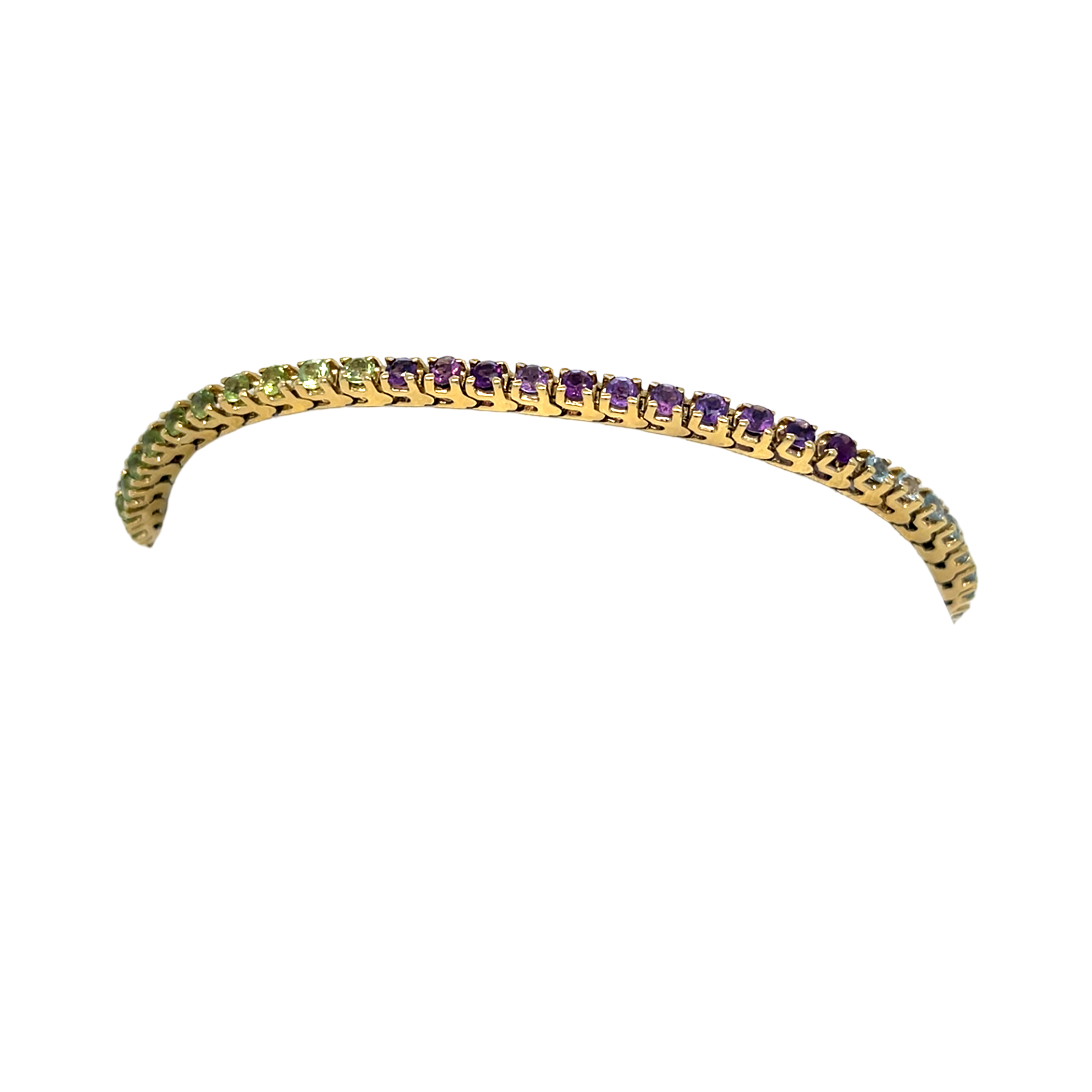 Occasion Gouden tennisarmband 14 karaat met gekleurde synthetische stenen 12gr nieuw €1599.-