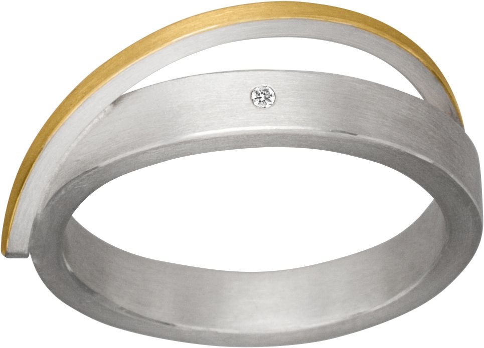 Een prachtige Desgin ring van het merk MANU. Deze is gemaakt van zilver met een 22krt plaat goud erop gesoldeerd. De ring is voorzien van een 0,012 crt briljant