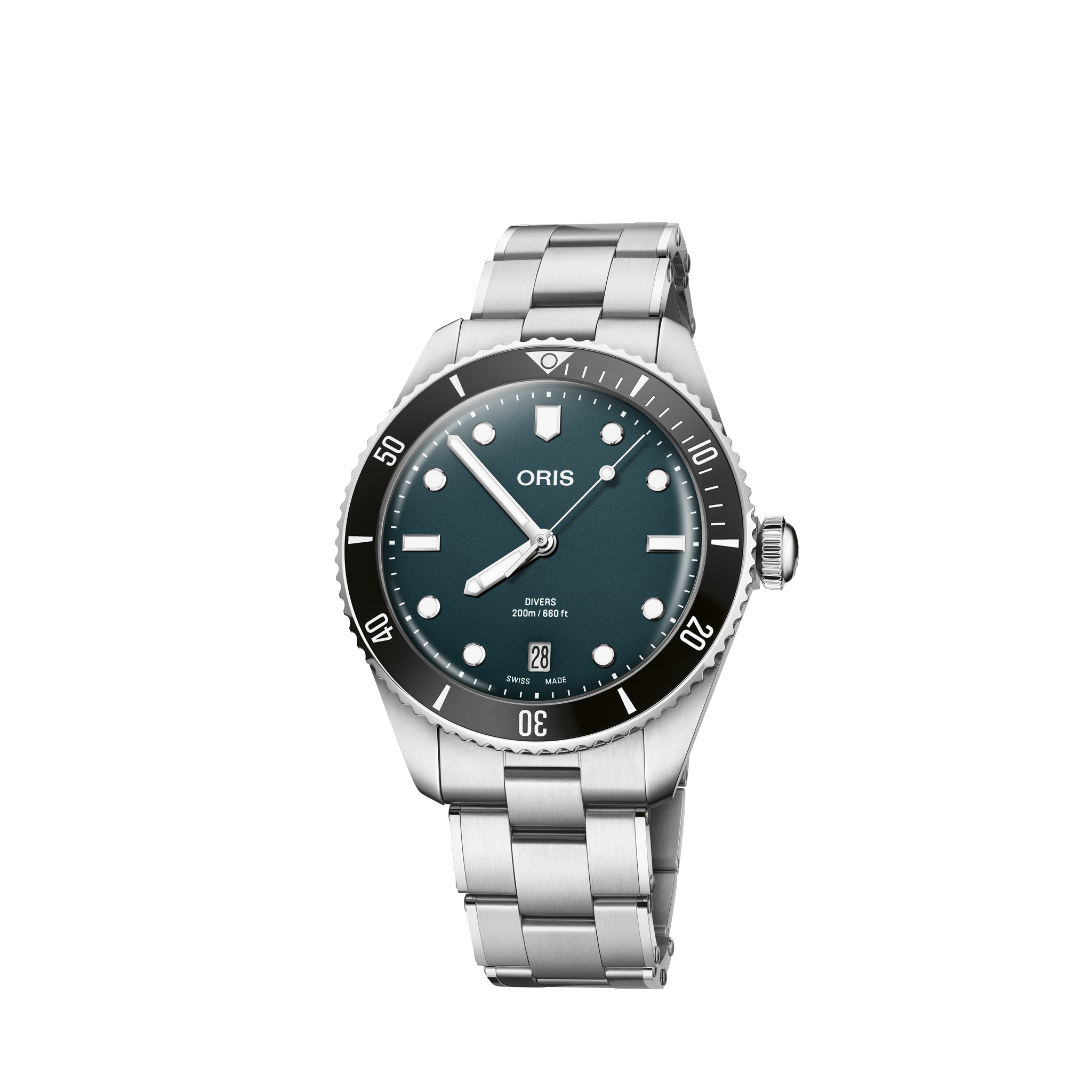 Een Oris horloge model Divers Date met een blauw petrol wijzerplaat en een stalen band.