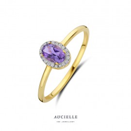 Gouden ring 18 kt met diamant en Zambiaanse amethist
0.060 ct