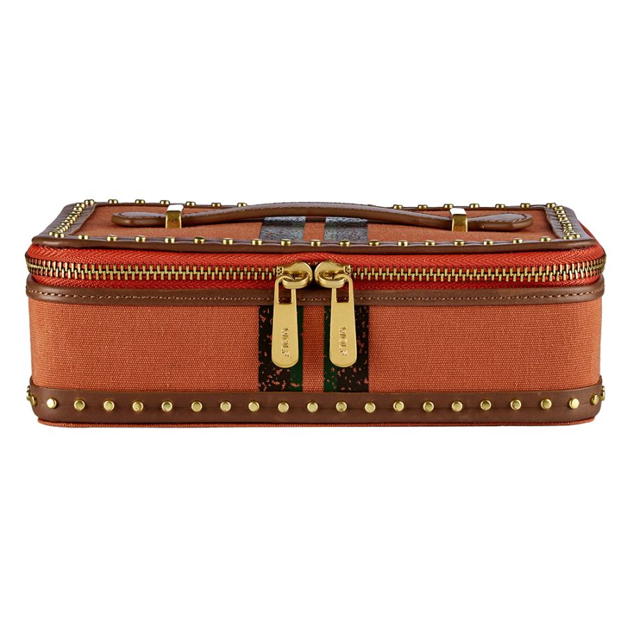 The Ida Travel Zip Case, features a canvas exterior made from recycled materials with stud detailing, leather trims and top handle. Inside, find multiple jewellery compartments with LusterLoc™ lining.