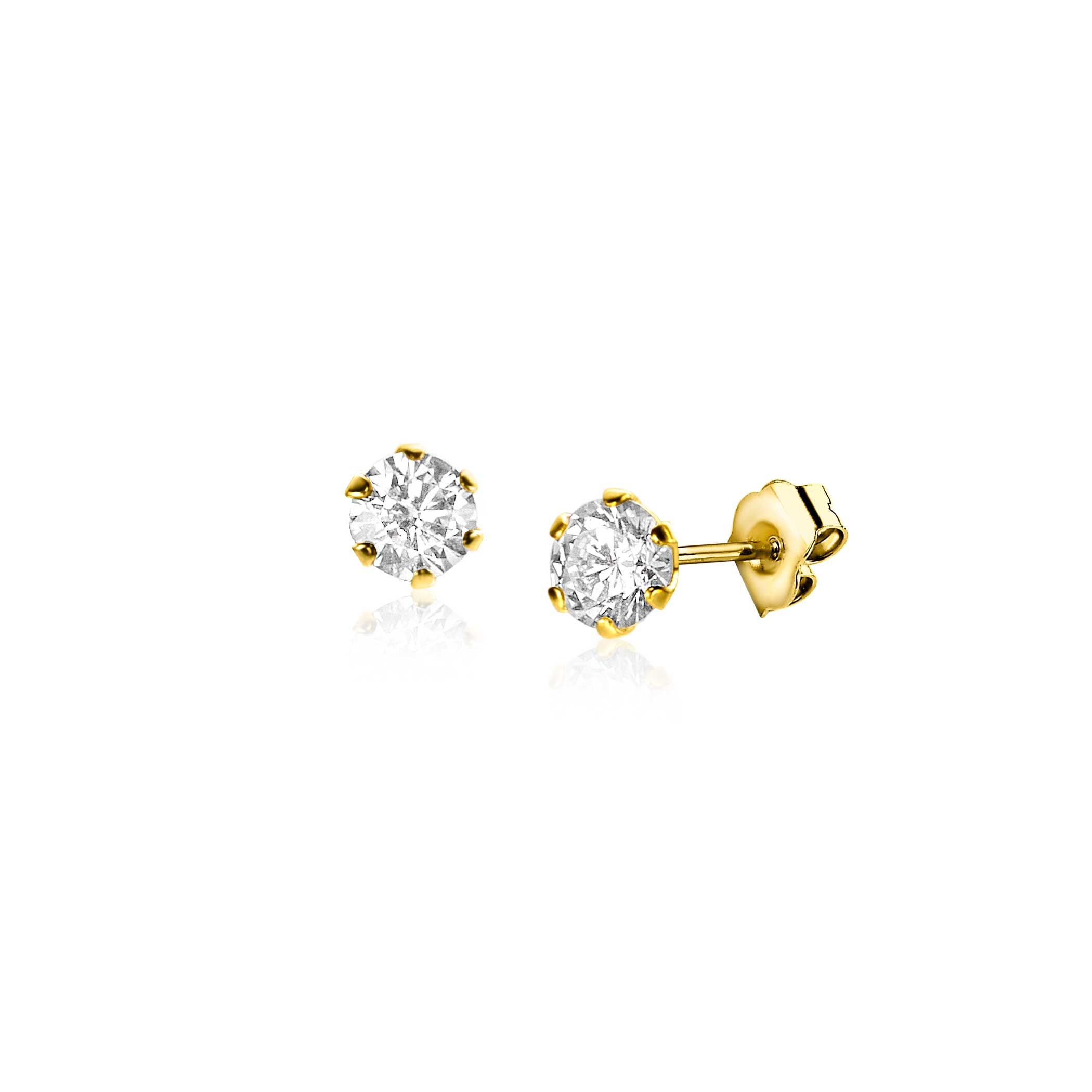 ZINZI Gold 14 krt gouden oorknoppen (4mm) met zespootszetting en ronde witte zirconia. Een echte glinstering op je oor! Vervaardigd van geheel 14 karaat goud (585).