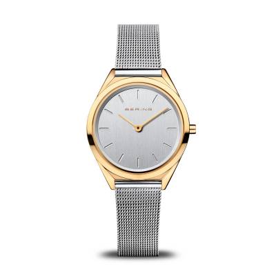 Bering dames horloge; Solar, stalen milanese band, goudkleurige kast, lichte wijzerplaat