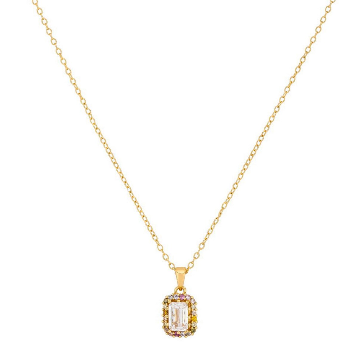Deze ketting heeft een prachtige vintage-look hanger, met een rechthoekige witte steen, en daaromheen kleine gekleurde stenen. De ketting heeft een bijpassende ring en zijn perfect om te combineren. Alle 24Kae sieraden zijn met liefde en oog voor detail ontworpen door Kae Sutherland. Elke 24Kae ketting heeft een handgemaakte bedel met merkgravure. Details: - Lengte collier: 40 cm + 5 cm verlenging - Afmeting hanger: 9,5 x 7,5 mm Materialen: - 925 sterling zilver, verguld met 18K goud - Kubieke zirkonia