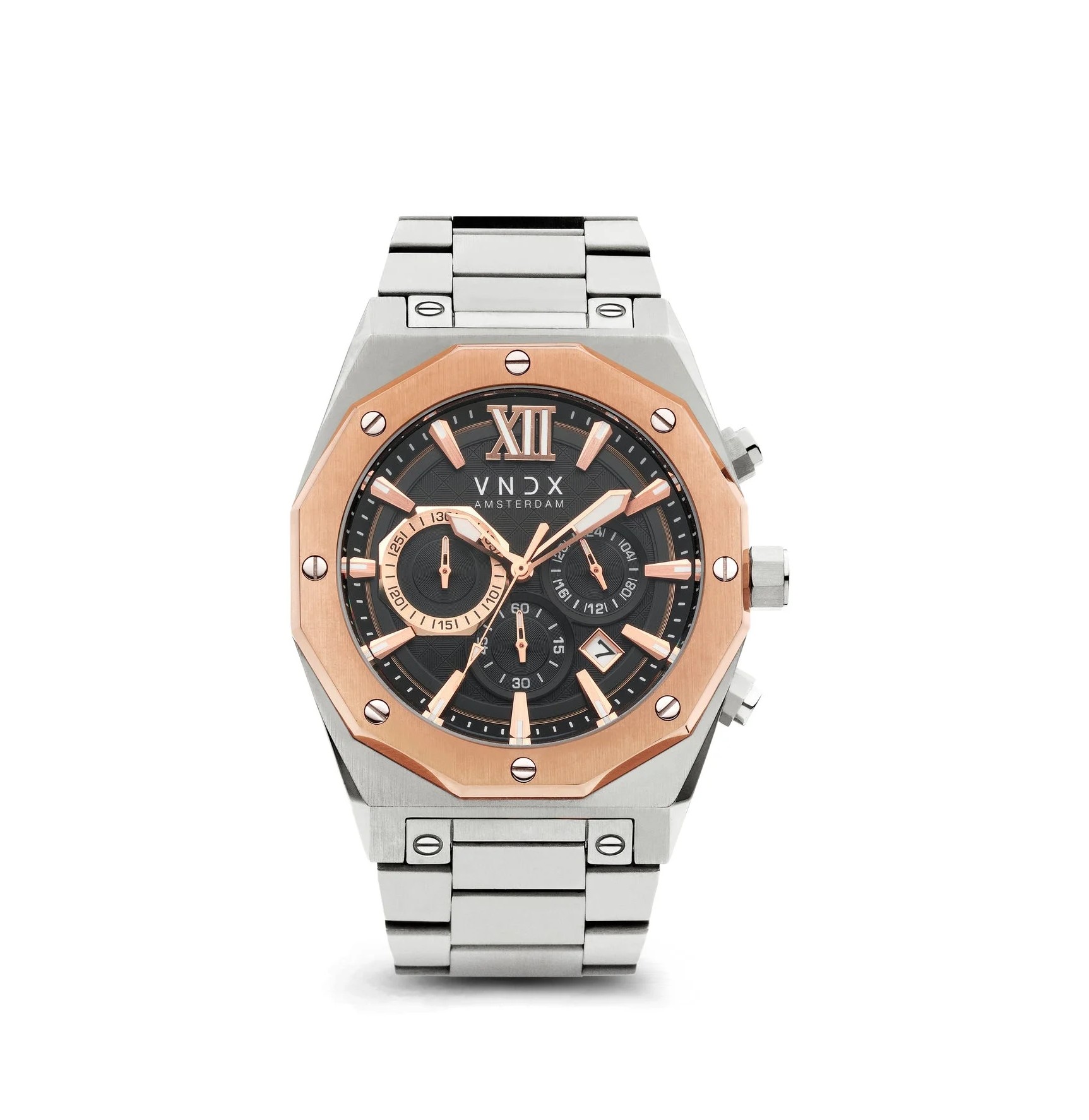 Heren horloge de Wise Man Staal straalt krachtige stijl uit met zijn imposante twaalfhoekige roestvrijstalen kast van 46 mm. Dit horloge voor heren is een symbool van pure elegantie en is de ultieme metgezel voor zelfverzekerde heren. Naast zijn tijdloze ontwerp biedt de Wise Man Staal ook diverse functies, waaronder een stopwatch, datumaanduiding en een waterdichtheid tot 10 ATM. De lichtgevende wijzers zorgen ervoor dat je te allen tijde de tijd nauwkeurig kunt aflezen, ongeacht het moment van de dag. Of je nu de grachten van Amsterdam in springt of een formele gebeurtenis bijwoont, de Wise Man Staal staat altijd aan je zijde.