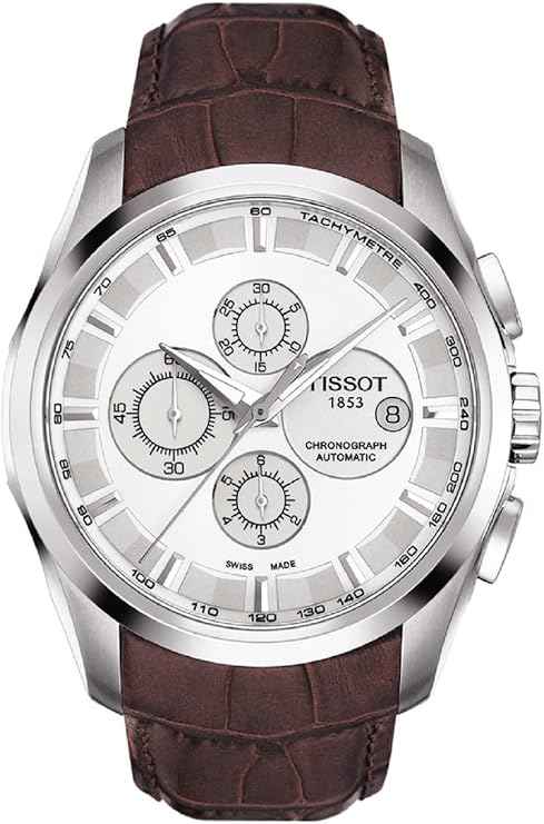 De Tissot Couturier Chronograph Automatic met modelnummer T0356271603100 beschikt over een roestvrijstalen kast, een bruine band en een datumfunctie. Met een kastgrootte van 43 mm is het een statement-piece voor elke pols. Perfect voor formele en zakelijke gelegenheden. Het horloge voegt een vleugje elegantie toe aan elke nette outfit en is ideaal voor dagelijks gebruik.