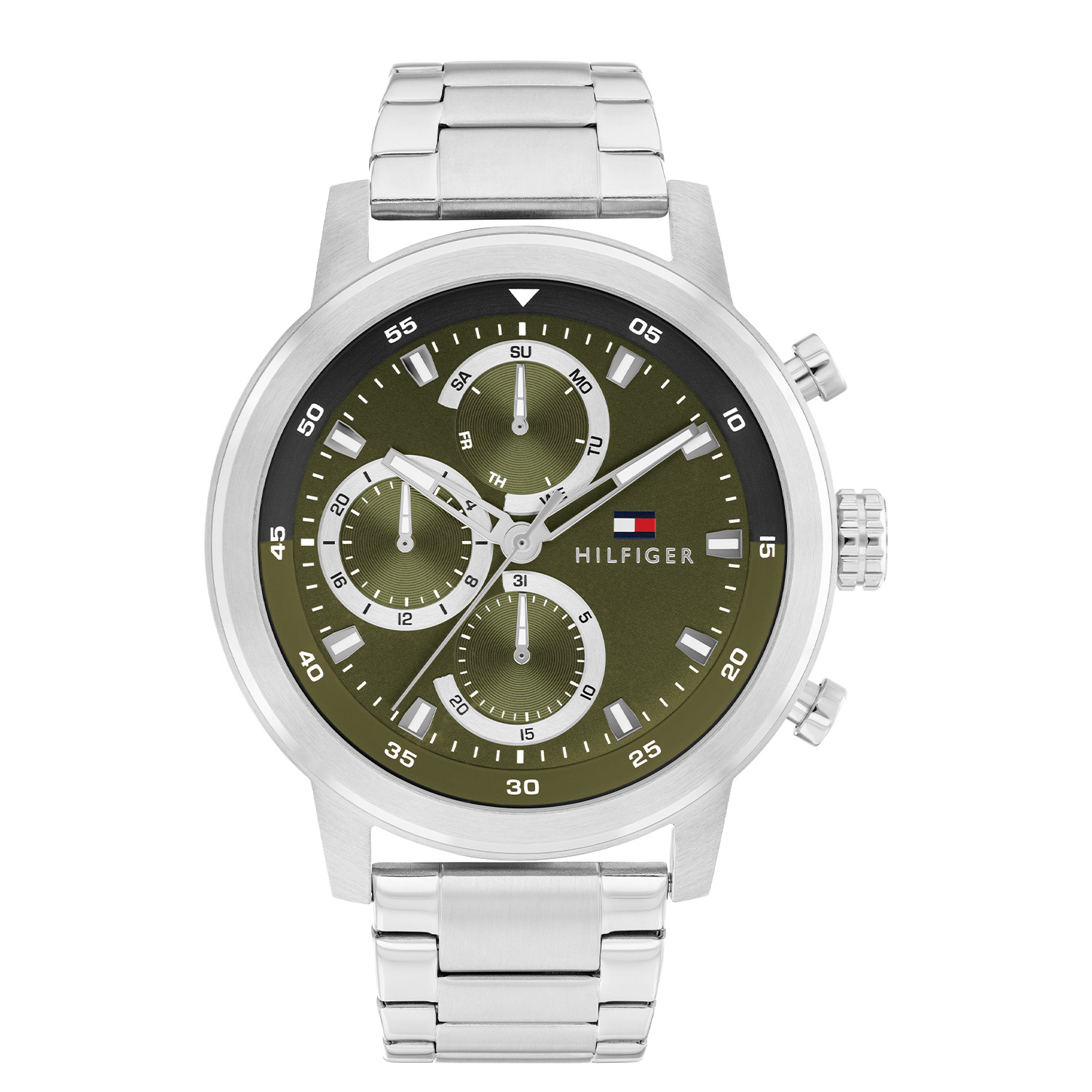 Dit Tommy Hilfiger horloge behoort tot de Rocky collectie.
Referentienummer: TH1792180 

Dit horloge van Tommy Hilfiger is een sportief herenhorloge die niet in je collectie mag ontbreken. Het herenhorloge heeft een ronde stalen kast met een gladde bezel en een groene sunray wijzerplaat met een dag,- datum en 24-uursaanduiding. Opvallend zijn de zilveren accenten en de met lumibrite ingelegde wijzers en uurstrepen. Aan de kast zit een stalen schakelband met vouwsluiting. Het horloge heeft een mineraalglas, een afmeting van 46mm en is 5ATM.  

