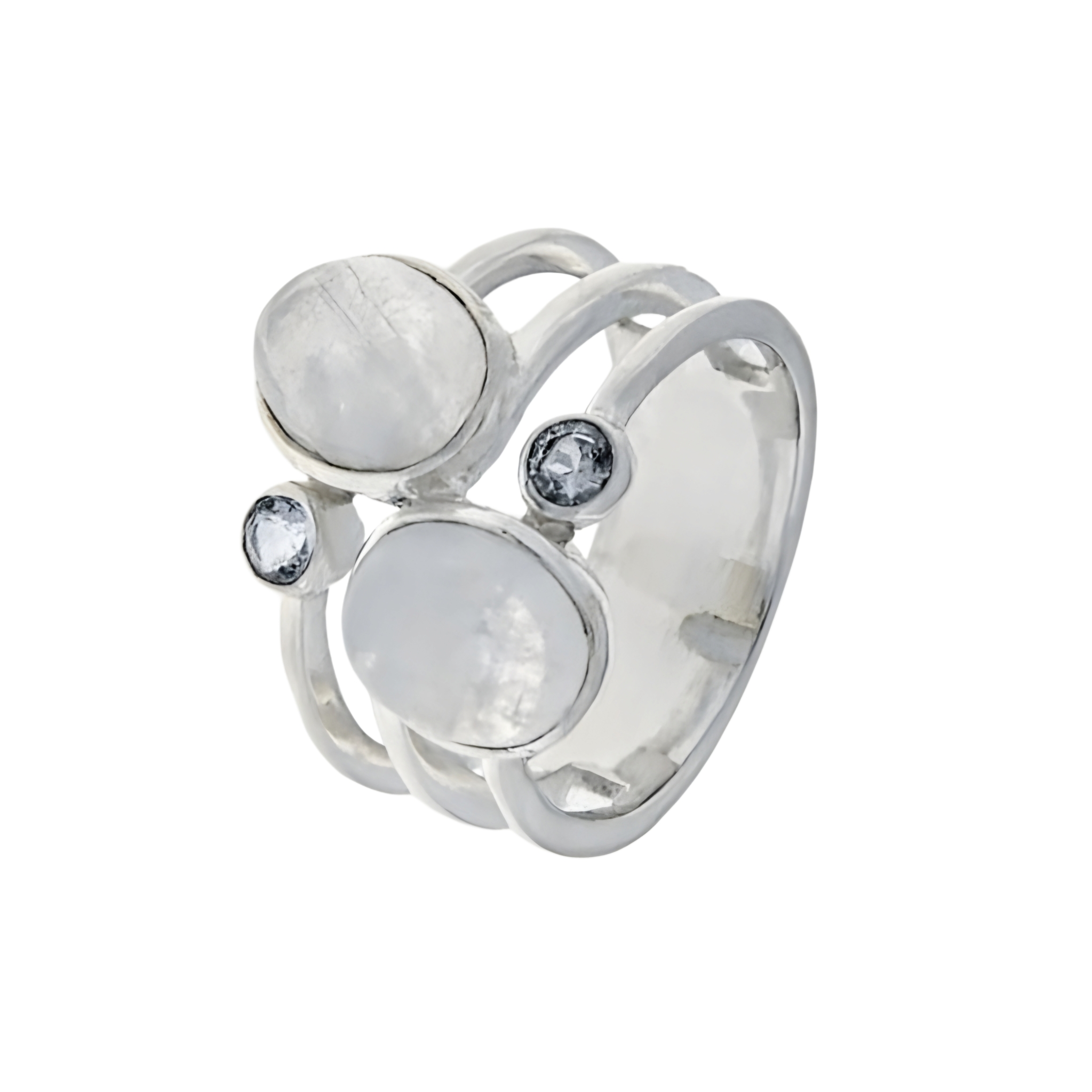 925 Sterling Zilveren ring met 2 cabochon geslepen Regenboog Maanstenen en 2 briljant geslepen Blauw Topaas