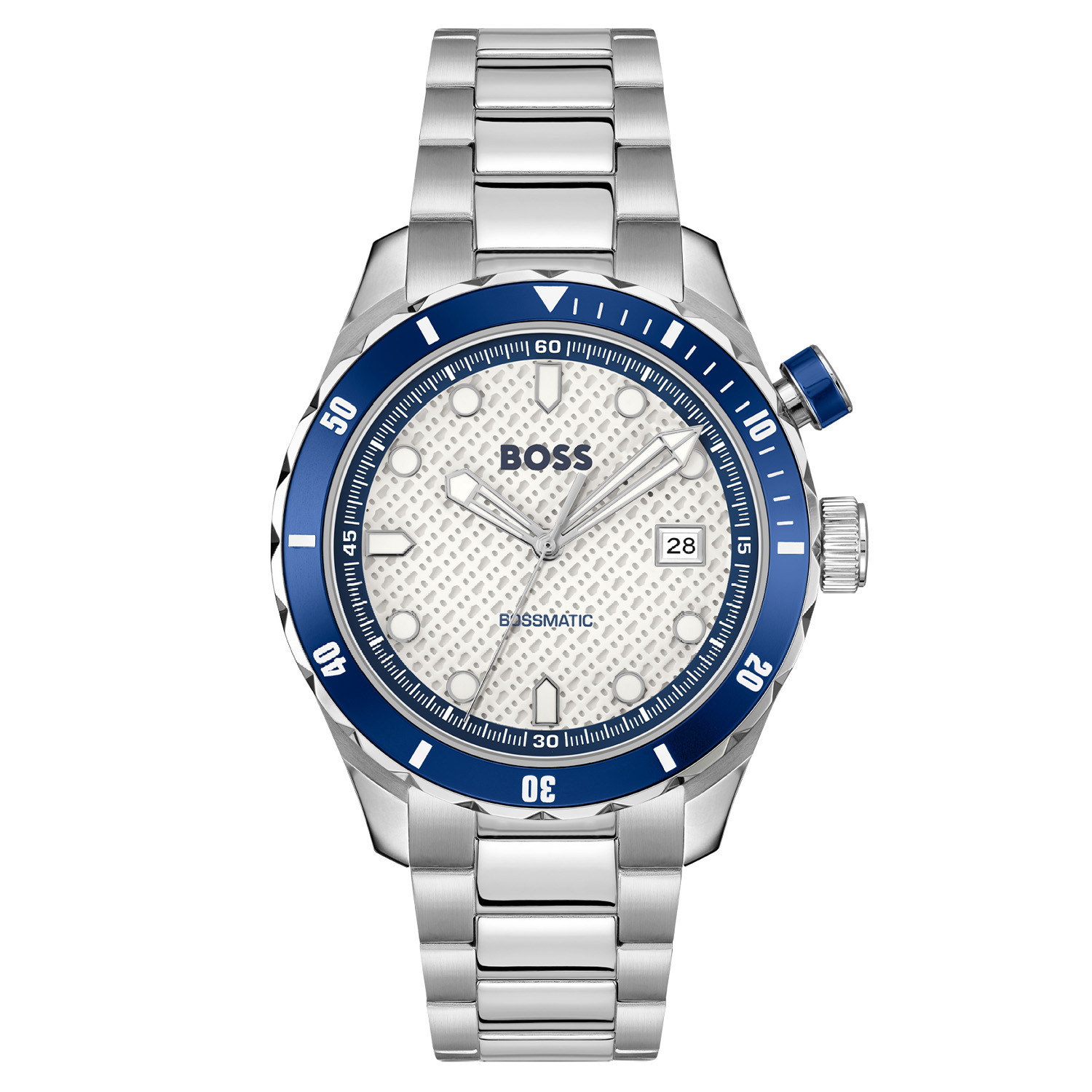 BOSS HB1514212 BOSSMATIC Herenhorloge Automaat 42mm 
Dit BOSS horloge uit de BOSSMATIC serie met artikelnr: HB1514212 heeft een stoere sportieve uitstraling. Zeer geschikt voor de moderne stijlvolle man van nu. Het herenhorloge valt op door zijn stalen horlogekast met een blauwe aluminium inleg, een bedrukte blauwe bezel en een witte sunray wijzerplaat met BOSS monogram, datum en blauwe accenten. Opvallend zijn de speelse wijzers en uurstrepen die met lumibrite zijn ingelegd. Het horloge heeft een automatisch uurwerk en loopt op de beweging van de pols. Door een glas in de achterdeksel is het uurwerk zichtbaar. Aan de kast zit een stalen mat glanzende schakelband met een vouwsluiting. Het horloge heeft een doorsnee van 42mm met een mineraalglas en is 10ATM. 

HET MERK:
HUGO BOSS is afgestemd op levensstijlen waar het gaat om kwaliteit en precisie. Het wereldwijde fashionlabel is verdeeld in twee merken: BOSS en HUGO. Het merk BOSS biedt geavanceerde, moderne horloges gericht op kwaliteit en design om een onberispelijke look te cre&euml;ren &ndash; of het nu zakelijk, casual of sportief is. De horloge collectie van BOSS is perfect afgestemd op levensstijlen waar het gaat om kwaliteit en precisie. BOSS is op maat gemaakt in een onberispelijke stijl.

Blijf stijlvol bij de tijd. Voor de BOSS-vrouw is stijl het handelsmerk en draait alles om
details. Breng uw look naar een hoger niveau met onze nieuwe en kenmerkende horlogecollectie.

SPECIFICATIES:
- Mineraalglas
- Ronde kastvorm, &Oslash; 42mm
- Stalen horlogekast
- Witte wijzerplaat
- Stalen schakelband
- 10ATM