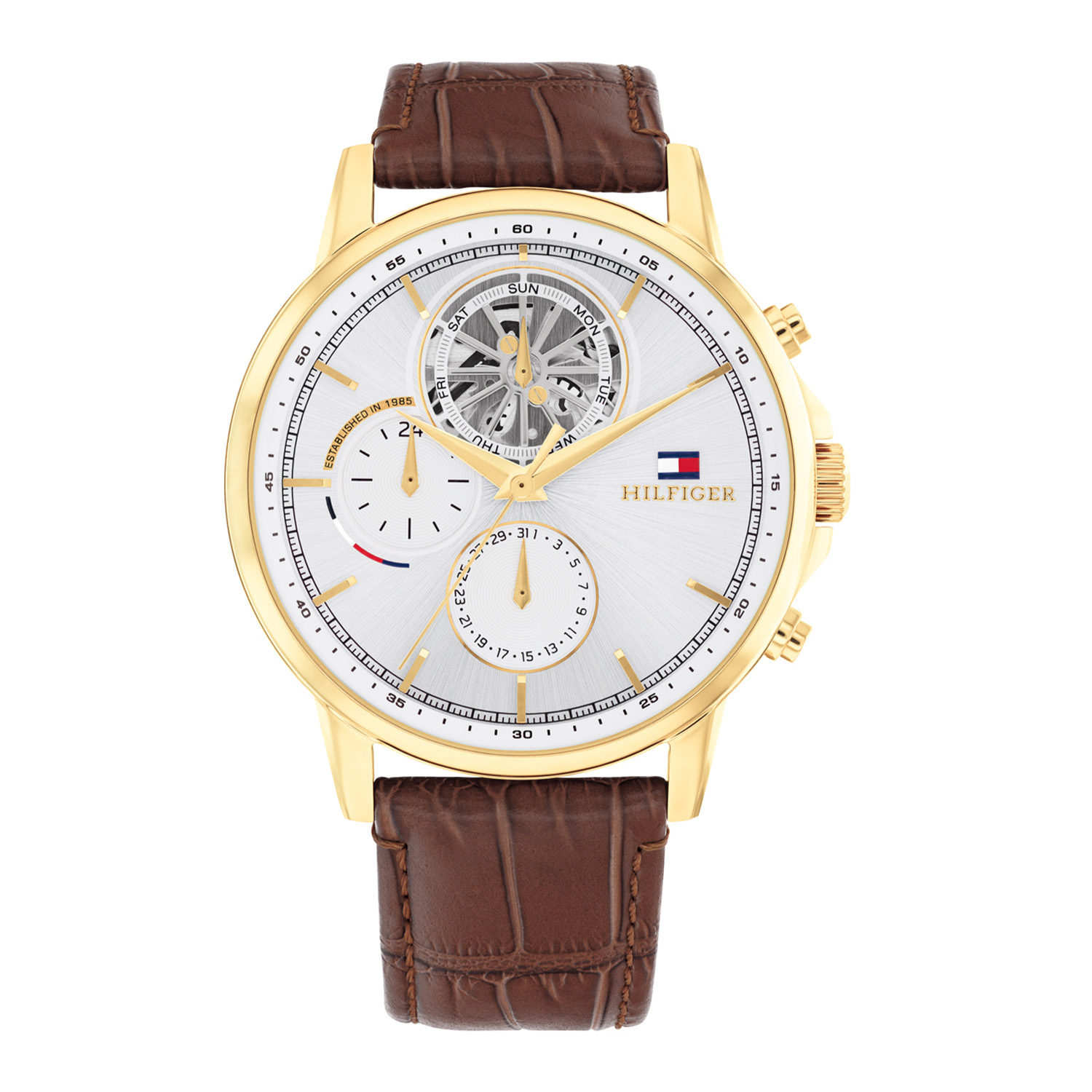 Tommy Hilfiger TH1710631 Horloge Heren Staal Goudkleurig 44mm
Dit specifieke horloge van Tommy Hilfiger uit de Stewart serie met artikelnr: TH1710631 is een luxe herenhorloge die niet in je collectie mag ontbreken. Het stalen herenhorloge heeft een ronde goudkleurige kast met een gladde bezel en een zilverkleurige wijzerplaat met dag,- datum, en 24-uursaanduiding. De dagen worden weergegeven in een  skeleton oog. Aan het horloge zit een bruine leren band met een gespsluiting. Het horloge heeft een mineraalglas, een doorsnee van 44mm en is 5ATM.  

Het merk:
Sinds de lancering van het merk in 1985 is Tommy Hilfiger wereldwijd bekend geworden als pionier van de klassieke Amerikaanse coole stijl. Ge&iuml;nspireerd door de iconische popcultuur en het Amerikaanse erfgoed. De dames en herencollectie van dit seizoen bestaan uit minimalistische silhouetten en rustieke lederen details. De herenhorlogecollectie biedt iconische uurwerken met roestvrijstalen, lederen en siliconen banden.

Specificaties:
- Mineraalglas
- Ronde kast 44mm
- Goudkleurige horlogekast
- Zilverkleurge wijzerplaat 
- Bruine leren band 
- 5ATM