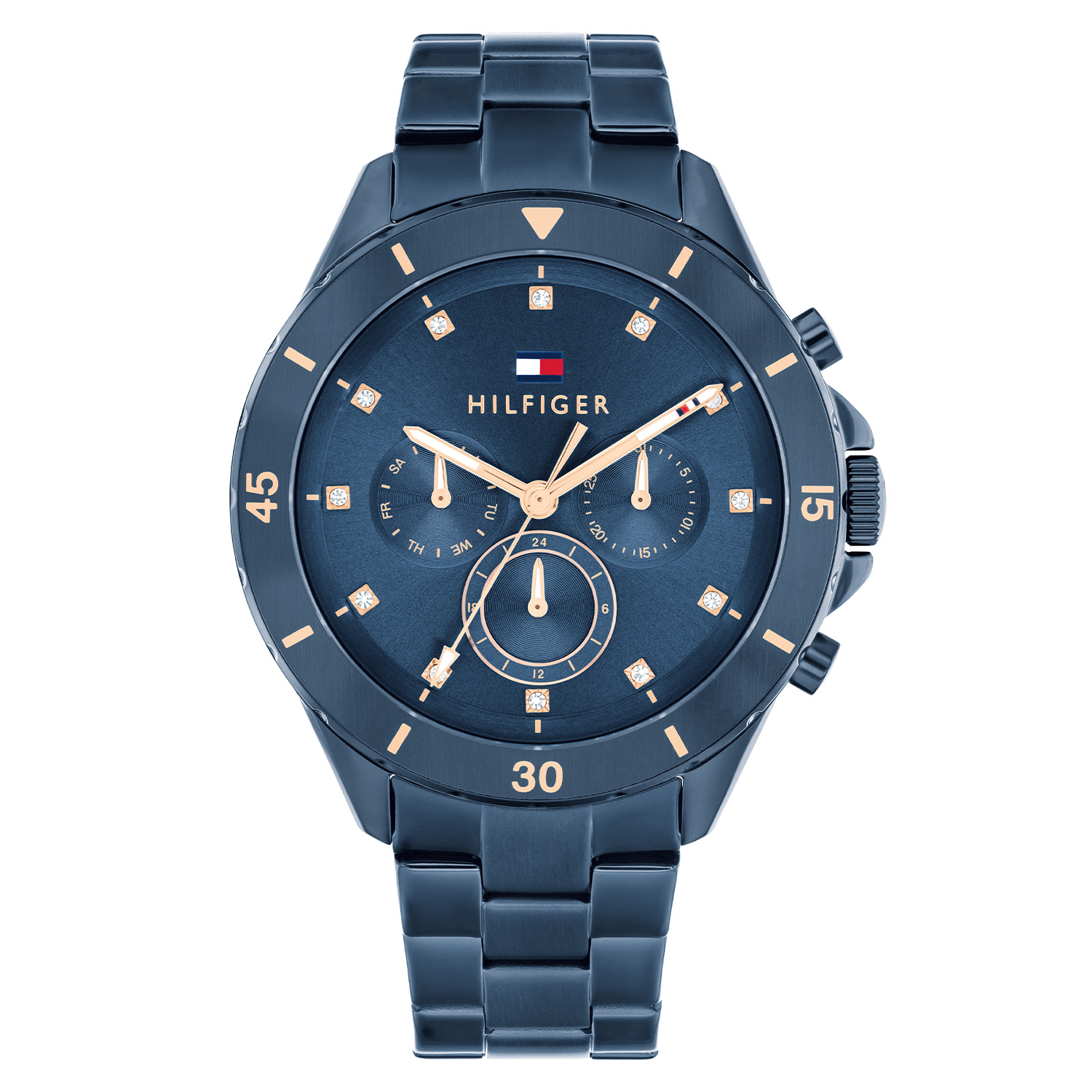 Tommy Hilfiger TH1782743 Horloge Dames Staal Blauw 40mm
Dit specifieke horloge van Tommy Hilfiger uit de Mellie serie met artikelnr: TH1782743 is een sportief horloge die zeker in je collectie past. Het stalen dameshorloge heeft een ronde blauwe kast met een sportieve aluminium blauwe bezel. Het horloge heeft een blauwe wijzerplaat  met uren die worden weergegeven met kristallen. Verder is het horloge multifunctioneel, heeft het dag,-datum en 24-uursaanduiding in een gouden kleur. Het horloge heeft een blauwe verstelbare schakelband, een mineraalglas, een doorsnee van 40mm en is 5ATM.  

Het merk:
Sinds de lancering van het merk in 1985 is Tommy Hilfiger wereldwijd bekend geworden als pionier van de klassieke Amerikaanse coole stijl. Geïnspireerd door de iconische popcultuur en het Amerikaanse erfgoed. De dames en herencollectie van dit seizoen bestaan uit minimalistische silhouetten en rustieke lederen details. De herenhorlogecollectie biedt iconische uurwerken met roestvrijstalen, lederen en siliconen banden.

Specificaties:
- Mineraalglas
- Ronde kast 40mm
- Blauwe horlogekast
- Blauwe wijzerplaat
- Aluminium blauwe bezel
- Blauwe schakelband
- Multifunctioneel
- 5ATM
