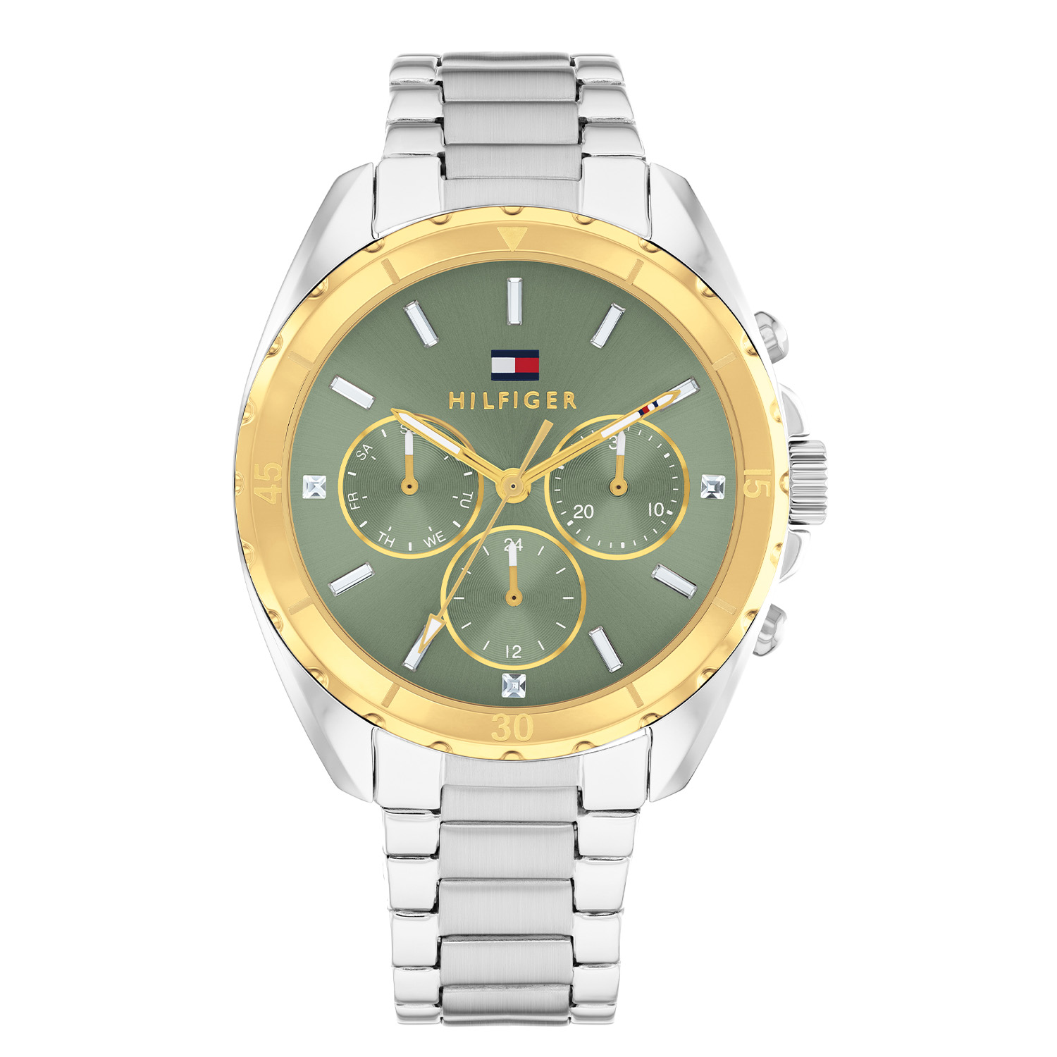 Tommy Hilfiger TH1782785 Horloge Dames Staal Bicolor 36mm
Dit specifieke horloge van Tommy Hilfiger uit de Mellie serie met artikelnr: TH1782785 is een luxe dameshorloge die niet in je collectie mag ontbreken. Het stalen dameshorloge heeft een ronde zilverkleurige kast met een goudkleurige bezel en een groene wijzerplaat met dag, datum en 24-uursaanduiding. De uursaanduiding schitterd door de kristallen. Aan de kast zit een zilverkleurige glanzende schakelband met vouwsluiting. Het horloge heeft een mineraalglas, een doorsnee van 36mm en is 5ATM.  

Het merk:
Sinds de lancering van het merk in 1985 is Tommy Hilfiger wereldwijd bekend geworden als pionier van de klassieke Amerikaanse coole stijl. Ge&iuml;nspireerd door de iconische popcultuur en het Amerikaanse erfgoed. De dames en herencollectie van dit seizoen bestaan uit minimalistische silhouetten en rustieke lederen details. De herenhorlogecollectie biedt iconische uurwerken met roestvrijstalen, lederen en siliconen banden.

Specificaties:
- Mineraalglas
- Ronde kast 36mm
- Zilverkleurige horlogekast
- Groene wijzerplaat
- Zilverkleurige schakelband 
- 5ATM
- Kristallen
