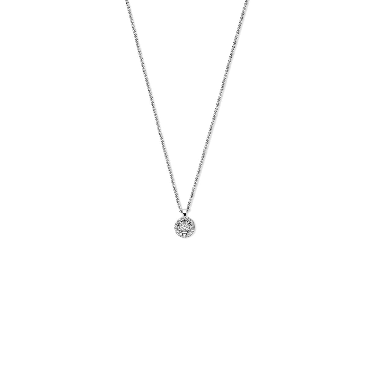 Gerhodineerd 925 zilveren collier uitgevoerd met zirkonia. Het collier heeft draaglengtes van 41, 43 en 45cm. De schakelbreedte is 1mm. Uitgevoerd met een karabijn sluiting.