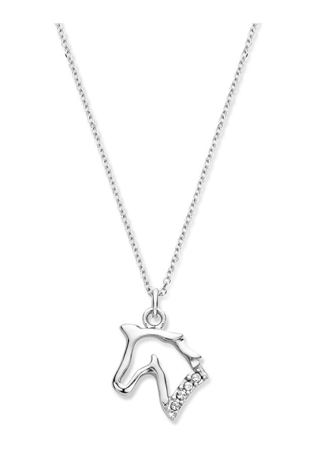 Gerhodineerd 925 zilveren collier uitgevoerd met een hanger in de vorm van een paard. Het collier heeft een draaglengte van 36cm met een extensie van 3cm en een stevige karabijn sluiting. De hanger heeft een afmeting van 12x11mm. De schakelbreedte is 0.9mm.
