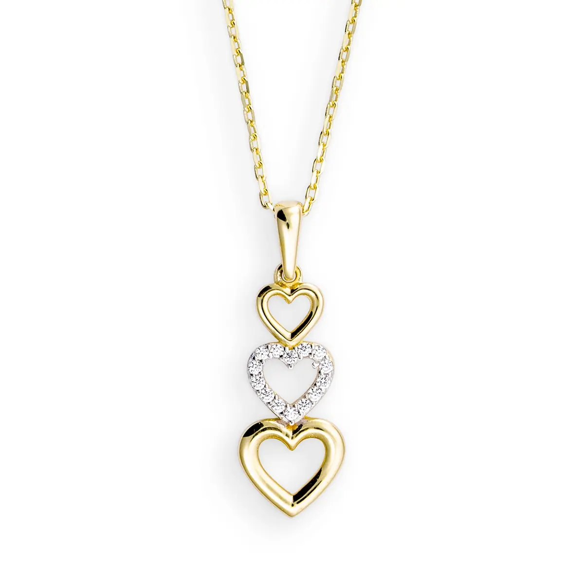Goud collier met hanger hartjes en zirkonia 42-45 cm